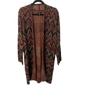 Lucky Brand Open Front Duster Cardigan Burnt Orange Black Southwestern Print 1X